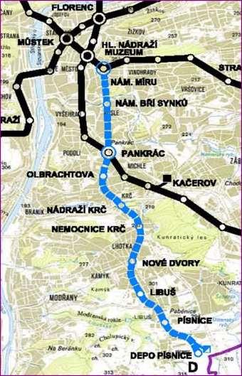 Projekt metra D Provozní délka trasy 10,6 km (z toho projekt I.D celkem 7,9 km) 10 stanic (4 ražené, 5 hloubených, 1 povrchová) (z toho projekt I.