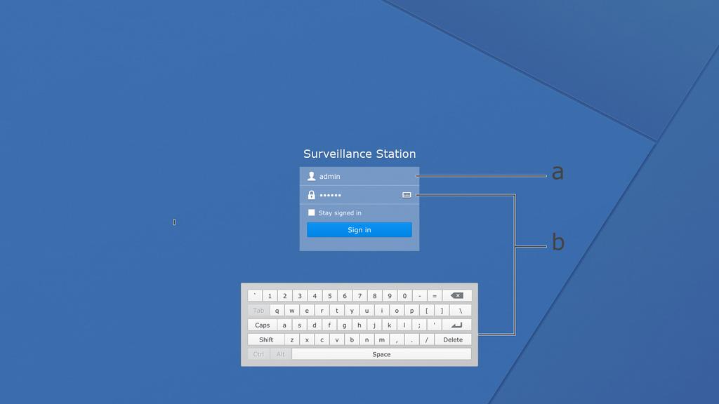 2 Zapněte monitor a přihlaste se do aplikace Surveillance Station Local Display. a Vyberte si, jestli se přihlásíte jako Správce nebo Divák, zadejte heslo a klikněte na možnost Přihlásit.