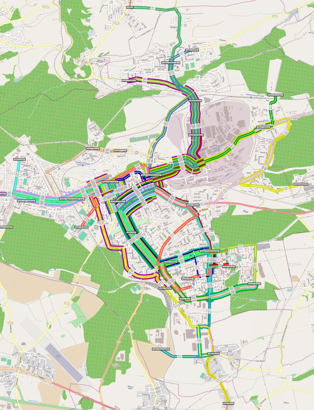 Sdružení METROPROJEKT + SUDOP Praha Ruzyně Kladno A.2. Vyhodnocení Obr: 7. Linkové vedení městských autobusů na Kladně současný stav.