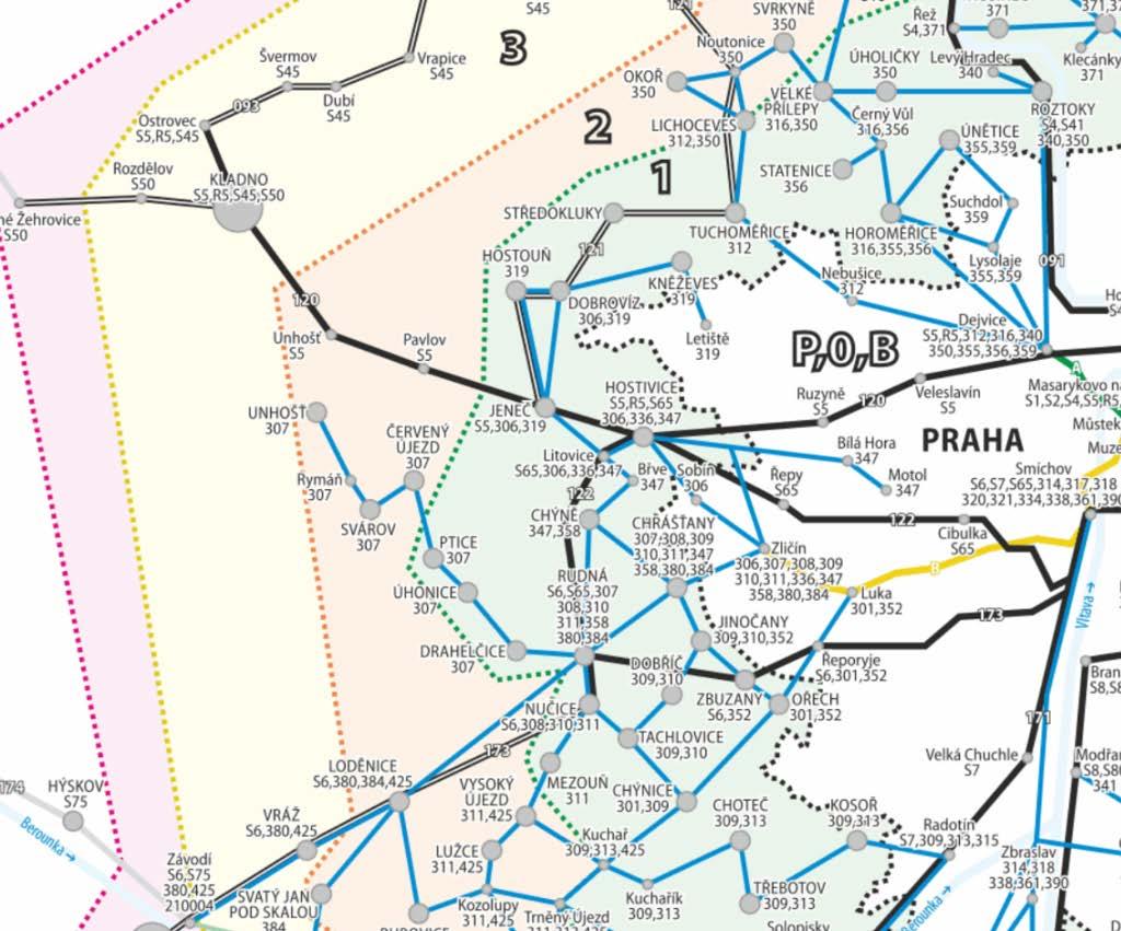 Sdružení METROPROJEKT + SUDOP Praha Ruzyně - Kladno A.2. Vyhodnocení Obr: 34. Tarifní pásma PID. 1.