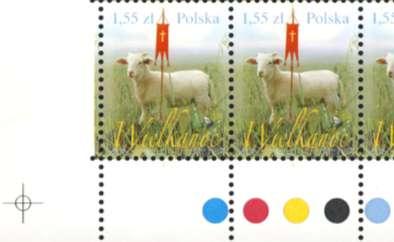 Ve vńech rozích PA jsou černá kolečka s kříņky, na dolním okraji PA jsou barevná kolečka v barvách tisku známek.
