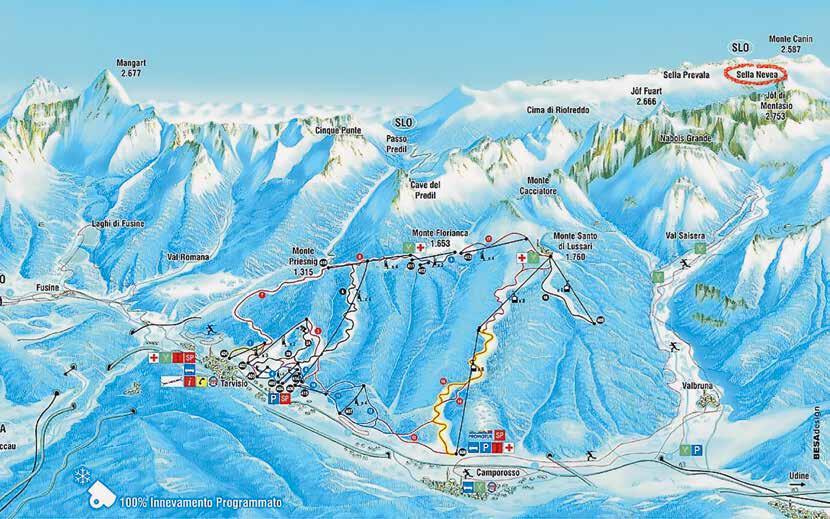 ITÁLIE - Tarvisio Tarvisio leží v severní Itálii hned za rakousko-italskými hranicemi a nabízí perfektně rekonstruovaný a rozšířený areál s 32 km sjezdových tratí (www.tarvisiano.org).