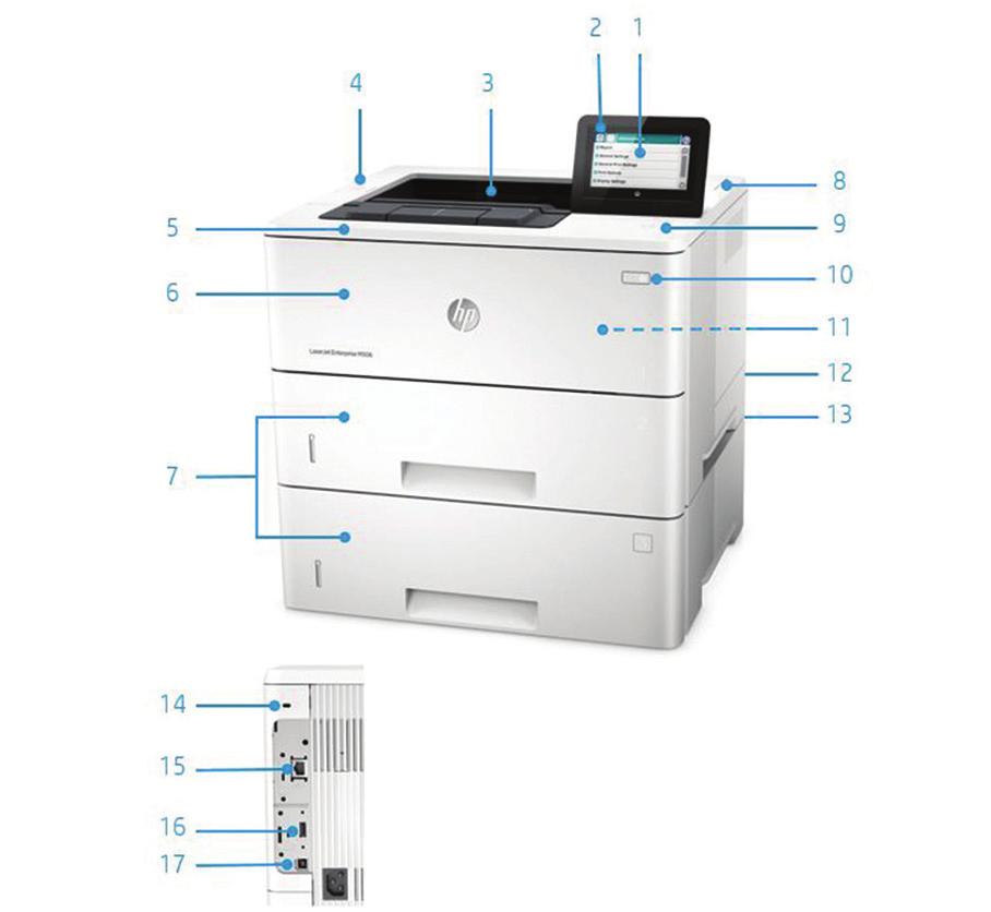 Představení produktu Vyobrazená tiskárna HP LaserJet Enterprise M506x 1. Přehledný ovládací panel s 10,9cm barevným VGA displejem s naklápěním pro lepší prohlížení 2.