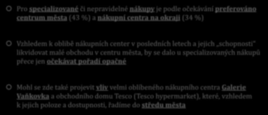 NÁKUPY VE VNITŘNÍM MĚSTĚ - specializované nákupy Pro specializované či nepravidelné nákupy je podle očekávání preferováno centrum města (43 %) a nákupní centra na okraji (34 %) Vzhledem k oblibě