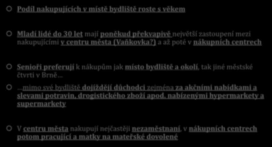 NÁKUPY VE VNITŘNÍM MĚSTĚ (vybrané výsledky výzkumů) Podíl nakupujících v místě bydliště roste s věkem Mladí lidé do 30 let mají poněkud překvapivě největší zastoupení mezi nakupujícími v centru města