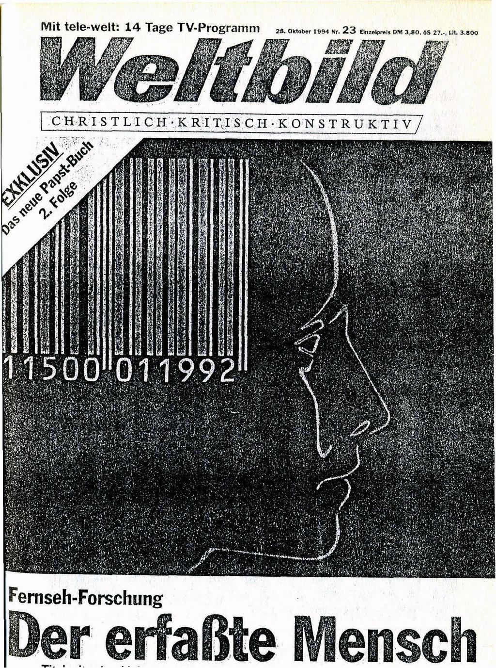 Zmenšená titulní strana (už jen podle jména) křesťanského časopisu Weltbild z 28. října 1994.