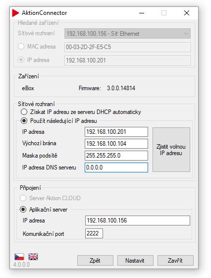 Zadejte požadovanou IP adresu, Výchozí bránu a Masku podsítě. IP adresu DNS serveru vyplňujete v případě, že je níže zadán aplikační server formou NÁZVU.