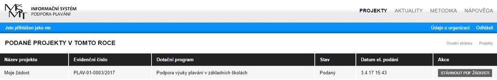 Správa projektů Název, evidenční číslo, stav a čas podání žádosti Zde lze stáhnout PDF