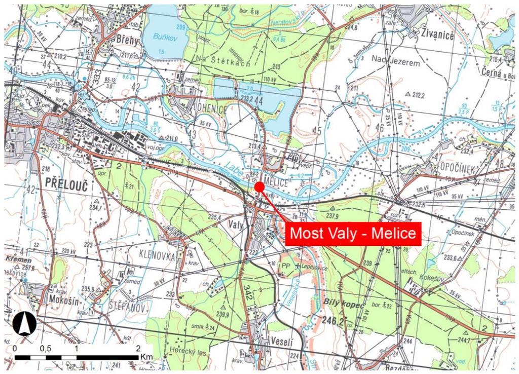 3.1.6 Silniční most přes Labe mezi Valy a Mělicemi Nový silniční most přes Labe mezi Valy a Mělicemi je součástí souboru opatření pro splavnění Labe do Pardubic. V současné době se na silnici III.