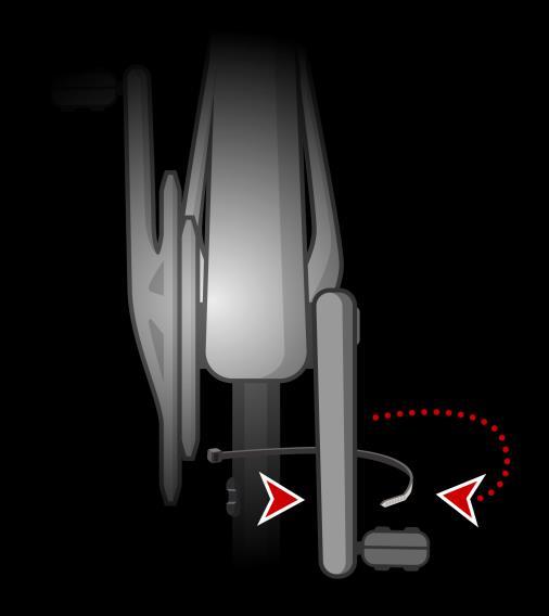 4. Na kliku pedálu připevněte příslušný magnet. Magnet musí být otočený směrem k zadní trubce rámu, na kterou jste připevnili snímač.