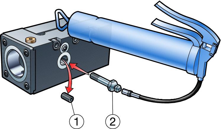 4. Z mazací pistole vytlačujte mazivo dokud nezačne vytékat drážkou pro klíč a kolem vačky. 5. Odstraňte mazací čep (2). 6. Vraťte šroub (1) zpět do vačky (1).