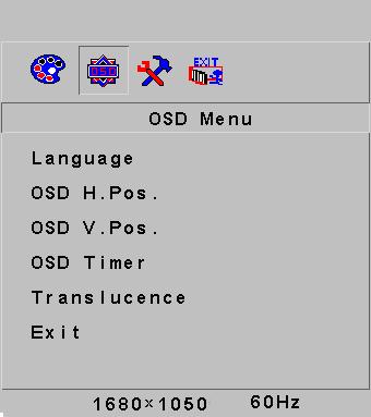 3.4.4.2 OSD Menu 6. Jazyk Můžete zvolit jazyk ze seznamu. 7. Horizontální pozice OSD Horizontální pozici můžete v OSD menu nastavit volbou od 1 do 100. 8.