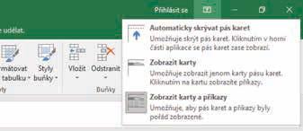 2: Použití nástroje Řekněte mi, co chcete udělat 1.2 Pás karet 1.2.1 Skrývání a zobrazení pásu karet Od verze 2007 je možné pás karet skrýt a opět zobrazit (často nechtěným) poklepáním na záložku libovolné karty (s výjimkou karty Soubor).