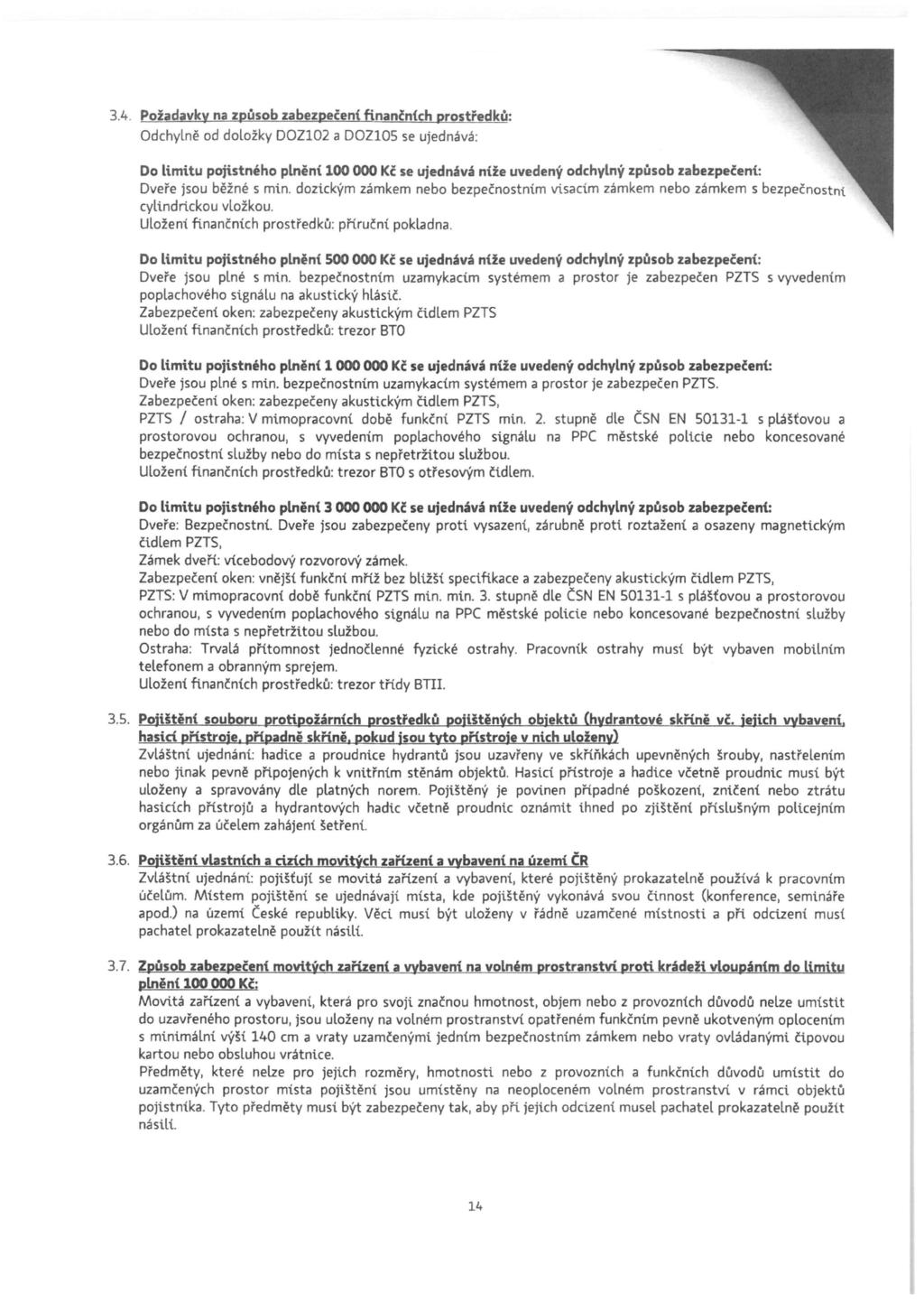 3.4 Požadavky na způsob zabezpečení finančních prostředků: Odchylně od doložky DCJZ102 a DOZ105 se ujednává: Do limitu pojistného plnění 100 000 Kč se ujednává níže uvedený odchylný způsob