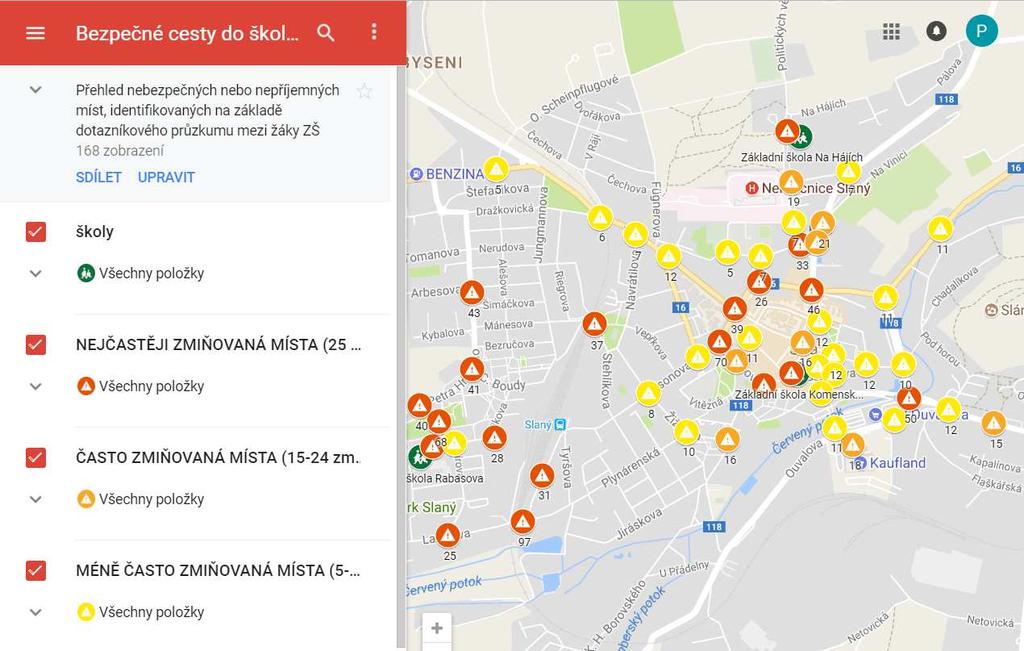 2.2 Výsledky dotazníkového průzkumu 2.2.1 Kompletní přehled nebezpečných míst Žáci identifikovali na území města Slaného množství míst, která ze svého pohledu považují za nebezpečná nebo problematická.