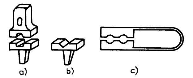 obr78. Zápustky a) pro šestihran, b) s ostrým rohem pro pomocné práce a ohýbání, c) spojené pružným třmenem (klapky) 14.3.