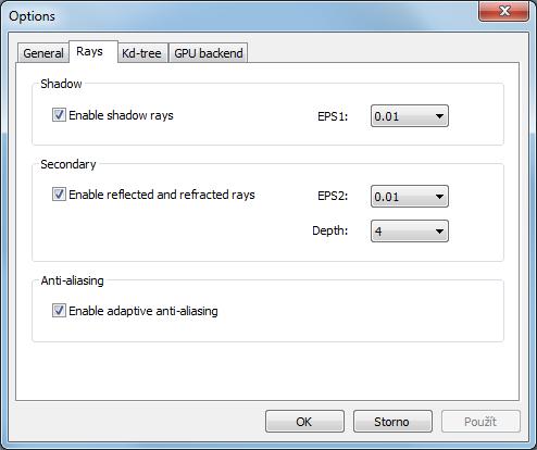 82 PŘÍLOHA B. INSTALAČNÍ A UŽIVATELSKÁ PŘÍRUČKA B.3.4.2 Karta Rays Obrázek B.4: Nastavení - karta Rays Enable shadow rays Povolí/zakáže stínové paprsky.