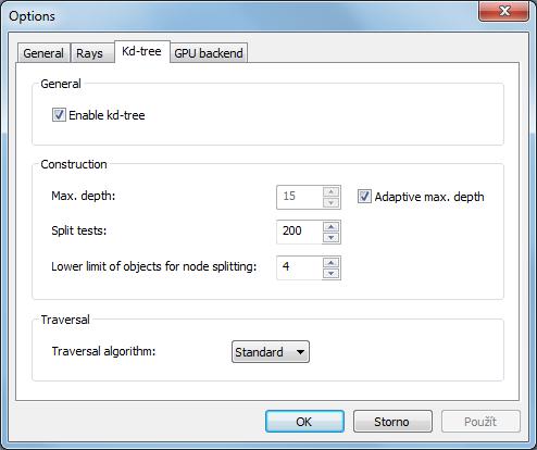 B.3. POPIS APLIKACE 83 B.3.4.3 Karta Kd-tree Obrázek B.5: Nastavení - karta Kd-tree Enable kd-tree Povolí/zakáže akceleraci pomocí kd-stromu.