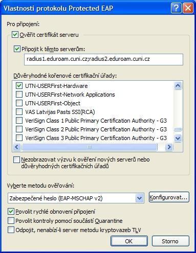 Na kartě Ověřování nastavte parametry dle obrázku a stiskněte tlačítko Vlastnosti.