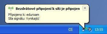 Pokud tomu tak není, informace jsou k dispozici na stránce přístupové údaje. Pokud jste zadali správné jméno a heslo, zobrazí se v oznamovací oblasti informace o úspěšném připojení k síti eduroam.