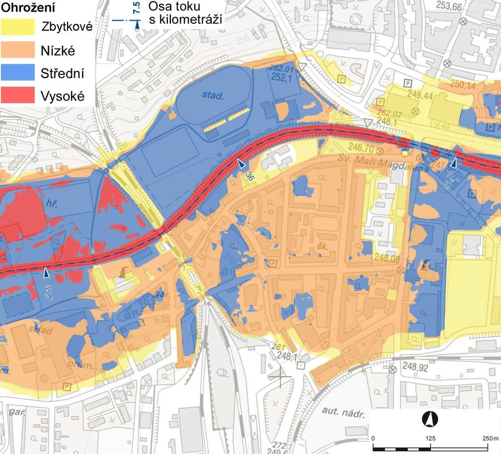 ve čtyřstupňové škále (4 vysoké až 1 reziduální). Pro výslednou mapu ohrožení pak byla v každé buňce použita maximální hodnota ohrožení z jednotlivých scénářů.