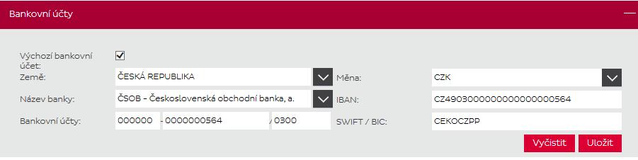 Obrázek číslo 4 zadání bankovního účtu Postup pro zadání nového bankovního účtu. 1. Stiskněte tlačítko Vyčistit. 2. Nejdříve vyberte zemi příjemce, kde se bude dobírka vybírat.