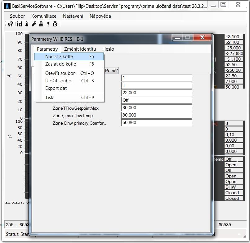 Klikněte na kolonku Načíst z kotle,software načte parametry ze