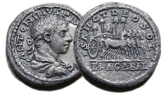 císaře Elagabala zobrazuje čtyřspřeží táhnoucí kočár, který přiváží