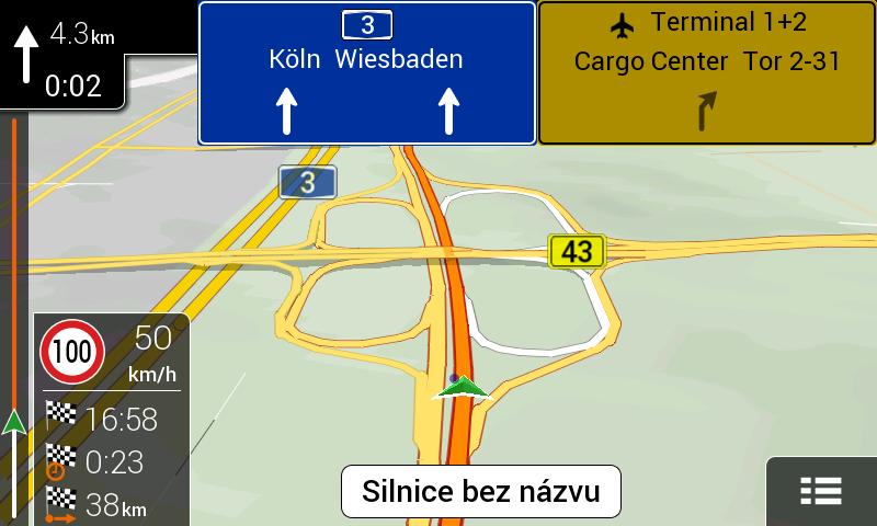 Zvýrazněné šipky představují pruhy a směr, kterými máte jet. Jsou-li k dispozici další informace, šipky jsou nahrazeny značkami. Značky jsou zobrazeny v horní části mapy.