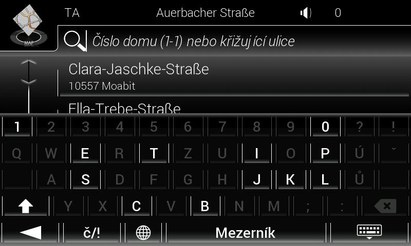d. Chcete-li otevřít seznam výsledků, klepněte na tlačítko. Vyberte v seznamu požadovanou ulici. 6. Dle následujícího postupu zadejte číslo domu: a. Klepněte na pole čísla domu nebo křižovatky. b.