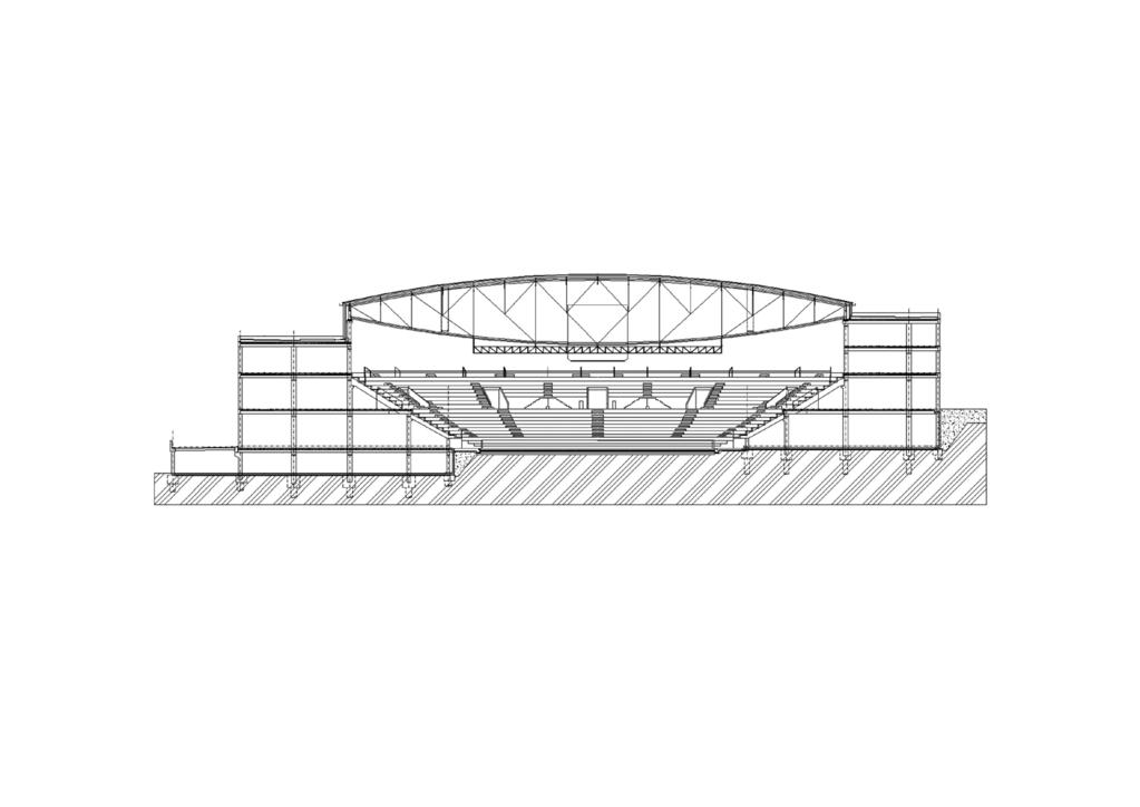 Obr. 3. Příčný řez středem haly Multifunkční hala Multifunkční hala má obdélníkový půdorys s maximálními rozměry 90,9 m a 105,0 m. Má zaoblená nároží a je zapuštěna do terénu s převýšením 8,4 m (obr.