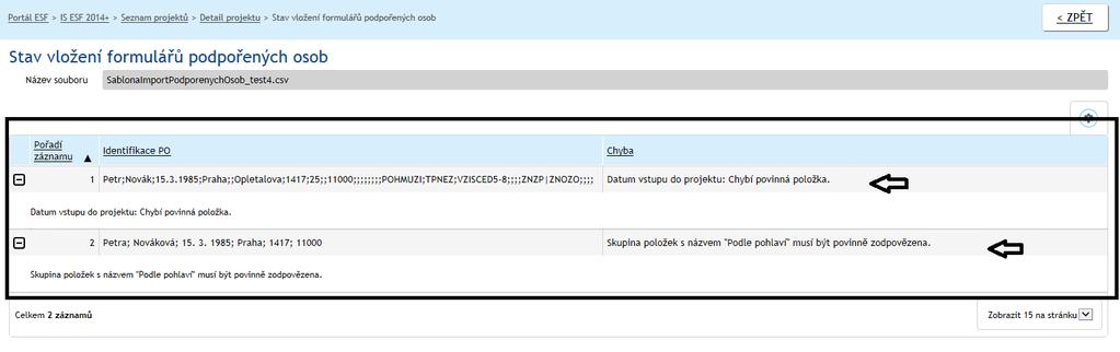 Takto identifikované chyby příjemce opraví v CSV souboru a podpořené osoby nahraje znovu.