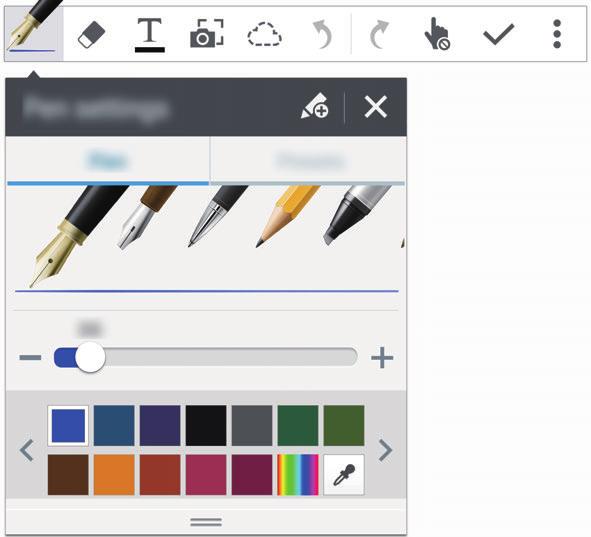 Funkce pera S Pen Změna nastavení pera Během zápisu nebo kreslení na obrazovce znovu klepněte na položku čáry nebo barvu pera.