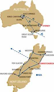 > NOVÝ ZÉLAND, AUSTRÁLIE Perly Nového Zélandu a Austrálie Melbourne Alice Springs NP Watarrka Kings Canyon NP Uluru Katja Tjuta Sydney Christchurch Lake Tekapo Jižní Alpy NP Mount Cook Lindis Pass