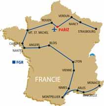 > FRANCIE Grand tour Francií Štrasburk Epernay Provins Paříž Rouen Arromanches Saint Malo Mont Saint Michel Rennes Amboise Blois Chambord Orcival Lyon Vienne Orange Pont Du Gard Aigues Mortes Arles