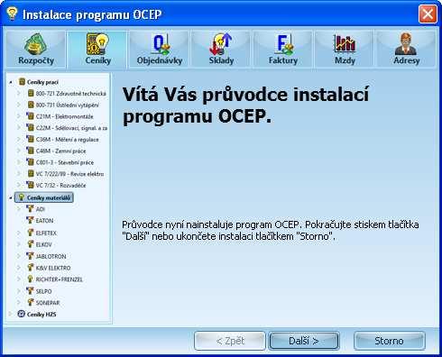Vlastní instalace programu OCEP včetně SQL databáze: - zmáčkneme tlačítko Další Pro práci na síti se instaluje na server