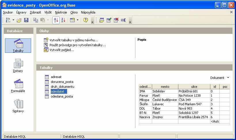 Obr. 3.1 Obrázek prostředí aplikace OpenOffice.org Base 3.2 Tabulky Tabulky jsou základem každé databáze. Jsou v nich uložena všechna data, bez kterých nemá databáze význam.