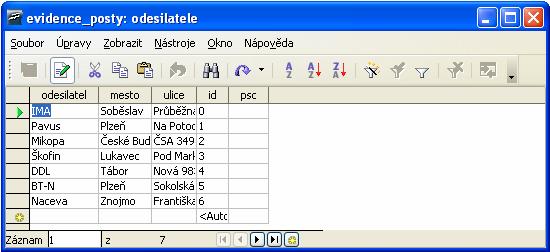 Obr. 3.2.4 Obrázek databázového objektu tabulky Jestliže je nějaké pole vyplněno nesprávnou hodnotou, mohu ji přepsat nebo odstranit.