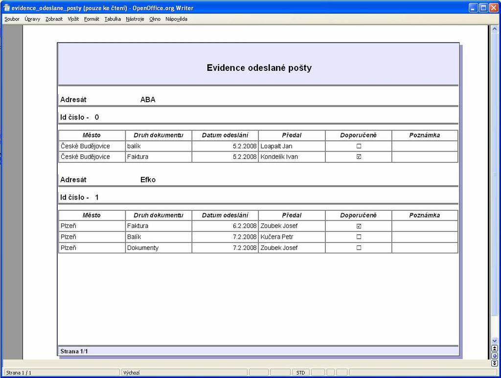 Obr. 4.6.1.b Obrázek sestavy evidence_odeslane_posty 4.6.2 Sestava evidence_dorucene_posty Sestava evidence_dorucene_posty bude zobrazovat odesílatele a jejich odeslané zásilky, které byly do firmy doručeny.