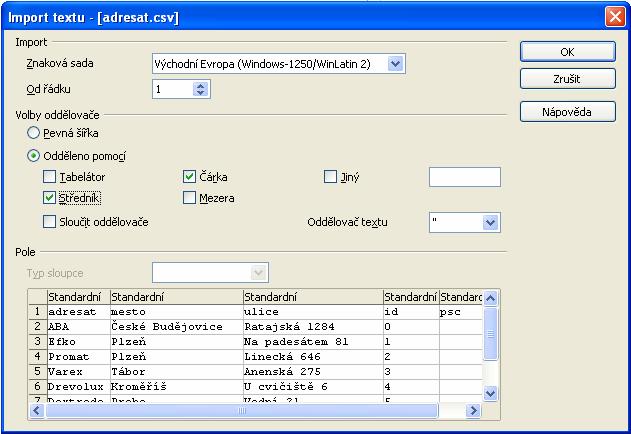 Obr. 5.2.1.e Obrázek okna Import textu 5.2.2 Převod dat prostřednictvím sešitu CSV soubor není jediný, prostřednictvím kterého lze data mezi oběmi aplikacemi bez problému převádět.