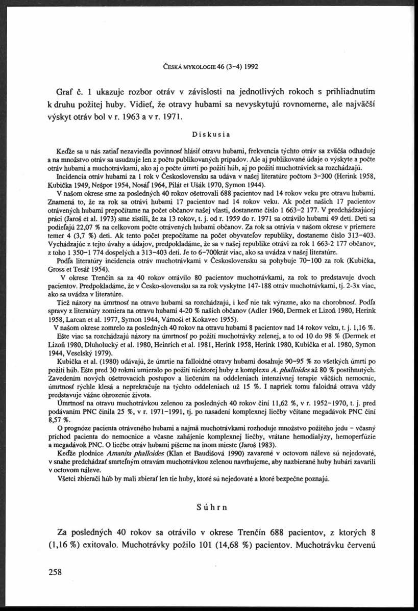 Č e s k á m y k o lo g ie 46 ( 3-4 ) 1992 Graf č. 1 ukazuje rozbor otráv v závislosti na jednotlivých rokoch s prihliadnutím k druhu požitej huby.