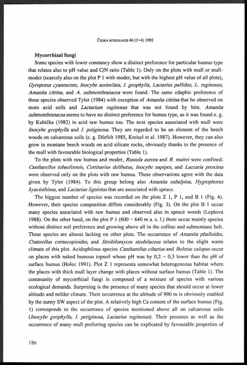 Č e s k á m y k o lo g ie 46 (3-4) 1992 Mycorrhizal fungi Some species with lower constancy show a distinct preference for particular humus type that relates also to ph value and C/N ratio (Table 1).