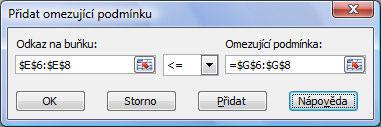 P ílohy 167 cházejí buňky, obsahující hodnoty proměnných. V MS Excel jsou nazvány jako Měněné buňky. Obr. P1.3 Zadání matematického modelu v ešiteli Následuje zadání omezujících podmínek.