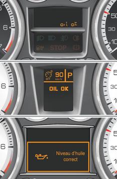 Ukazatel hladiny motorového oleje Tento systém informuje řidiče o hladině oleje v motoru. Při zapnutí zapalování se zobrazí informace o údržbě a poté na několik sekund informace o hladině.