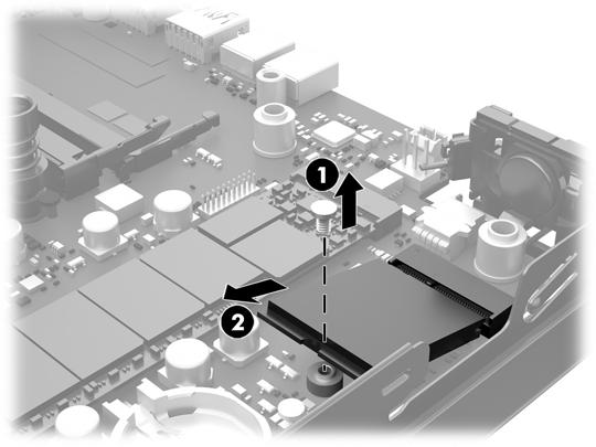 16. Uchopte modul WLAN (2) za boční strany a vytáhněte ho ze zásuvky. 17. Vložte nový modul WLAN do soketu na systémové desce. POZNÁMKA: Modul WLAN lze instalovat pouze jedním způsobem. 18.