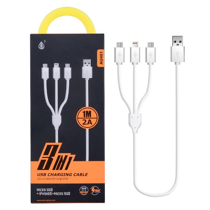 Nabíjecí kabel PLUS AU401 3 v 1 2 x Micro USB + 1 x iphone Lightning USB nabíjecí kabel 3 v 1, tři konektory: 2x Micro USB + 1x iphone Lightning. Podporují rychlé nabíjení.