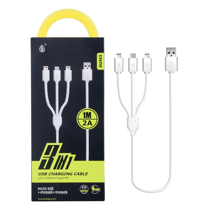 NAbíjecí kabel PLUS AU402 3 v 1 2 x iphone Lightning + 1 x Micro USB USB nabíjecí kabel 3 v 1, 1 x Micro USB + 2 x iphone Lightning. Podporuje rychlé nabíjení.