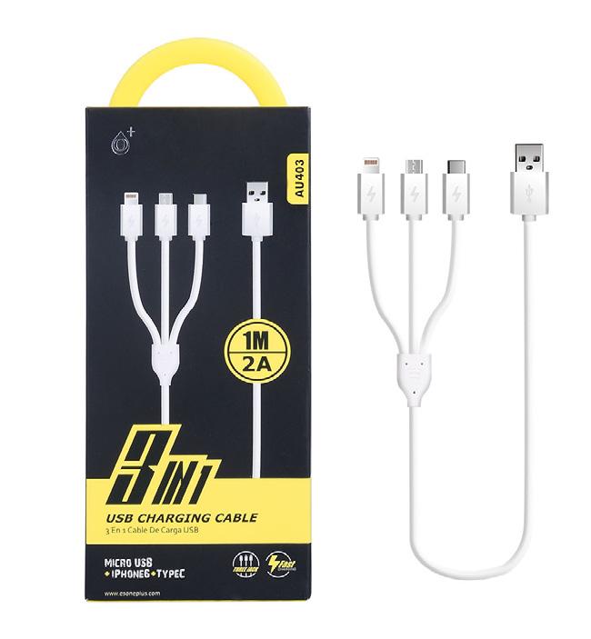 nabíjecí kabel PLUS AU403 3 v 1 Micro USB + iphone Lightning + USB-C USB nabíjecí kabel 3 v 1, Micro USB + iphone Lightning + USB-C. Podporuje rychlé nabíjení.