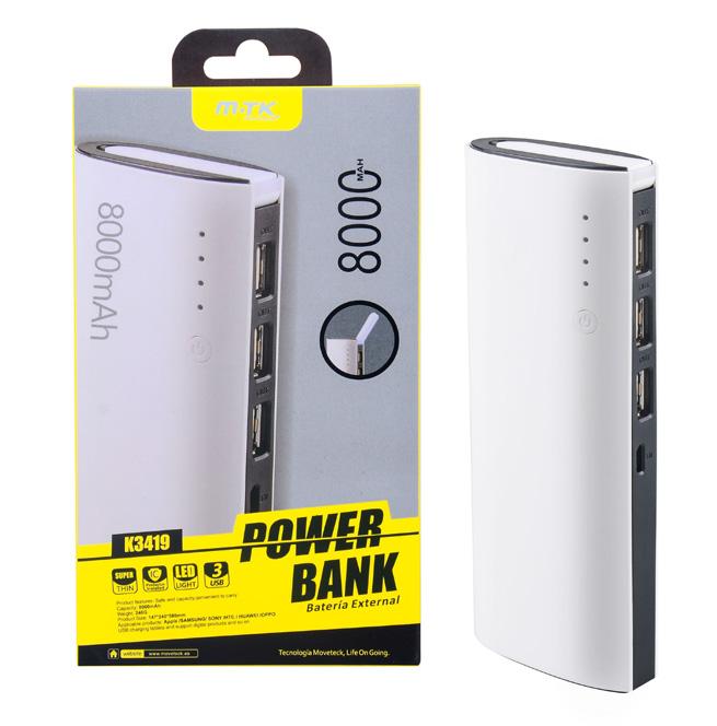 POWER BANK PLUS K3419 8000 mah 3 X USB Mějte k dispozici vždy dostatek energie pro svá elektronická zařízení jako je telefon, tablet, fotoaparát, MP3 přehrávač a další zařízení nabíjitelná přes USB