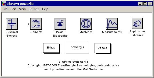 Bloksety - výběr SimPowerSytem Blockset prostředí pro simulaci a modelování elektrických a energetických systémů popsaných bloky s parametry simulace enegetických soustav, ovládání elektromotorů, atd.